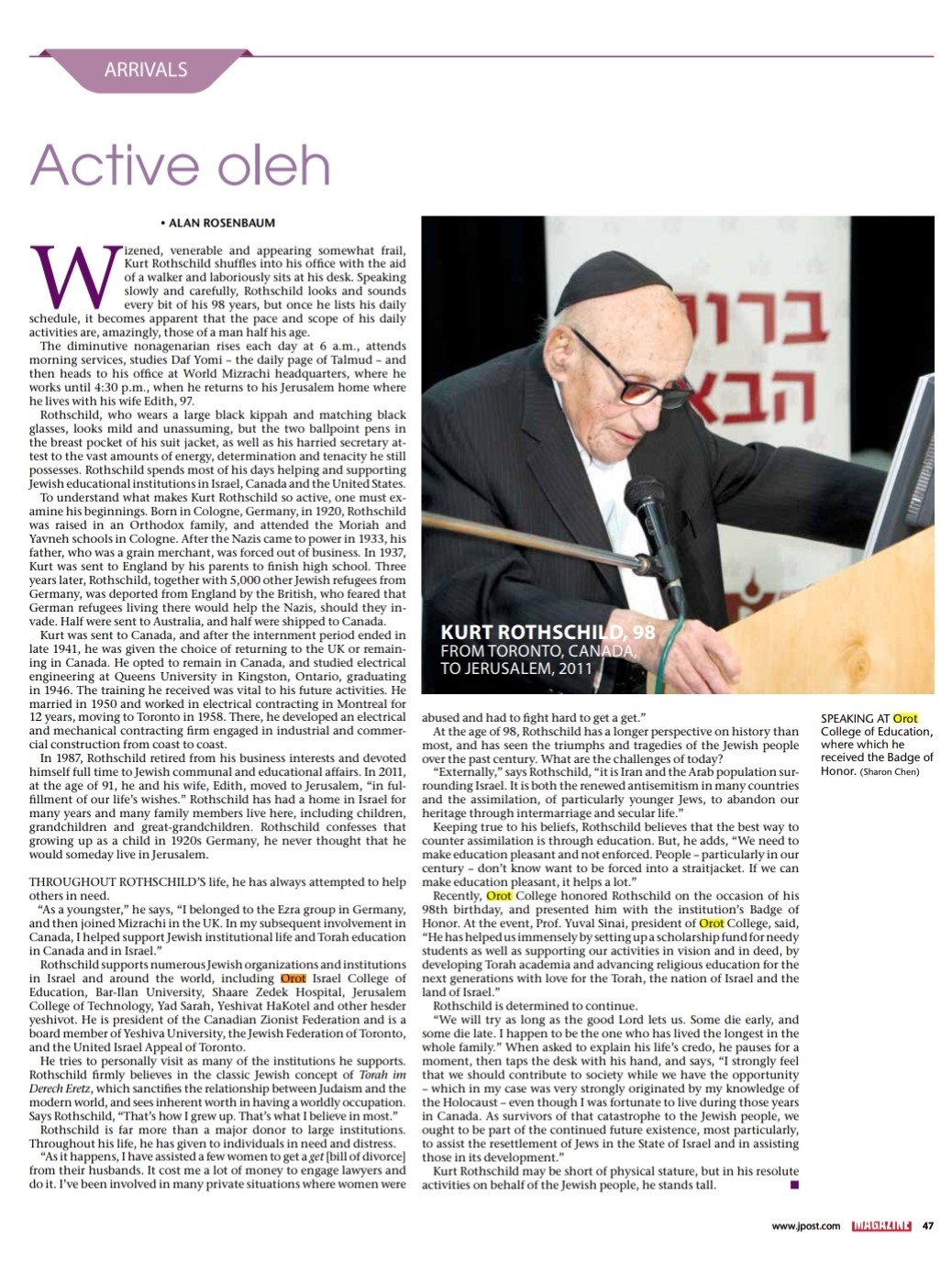 Kurt Rothschild Receives Orot Israel College's Badge of Honor